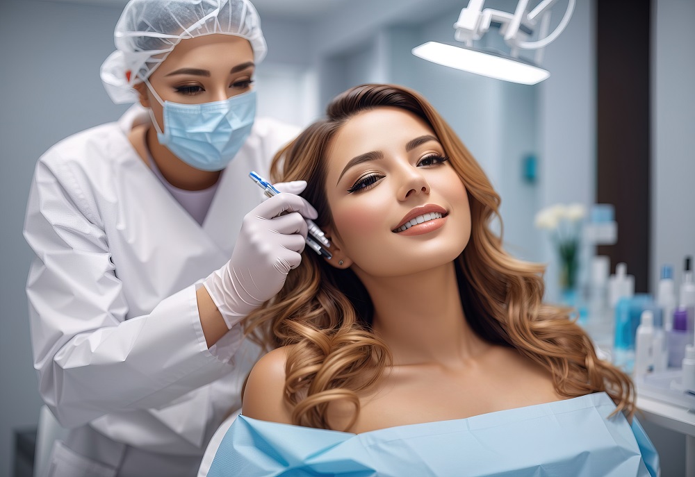 beautiful woman looking in mirror after botox treatment