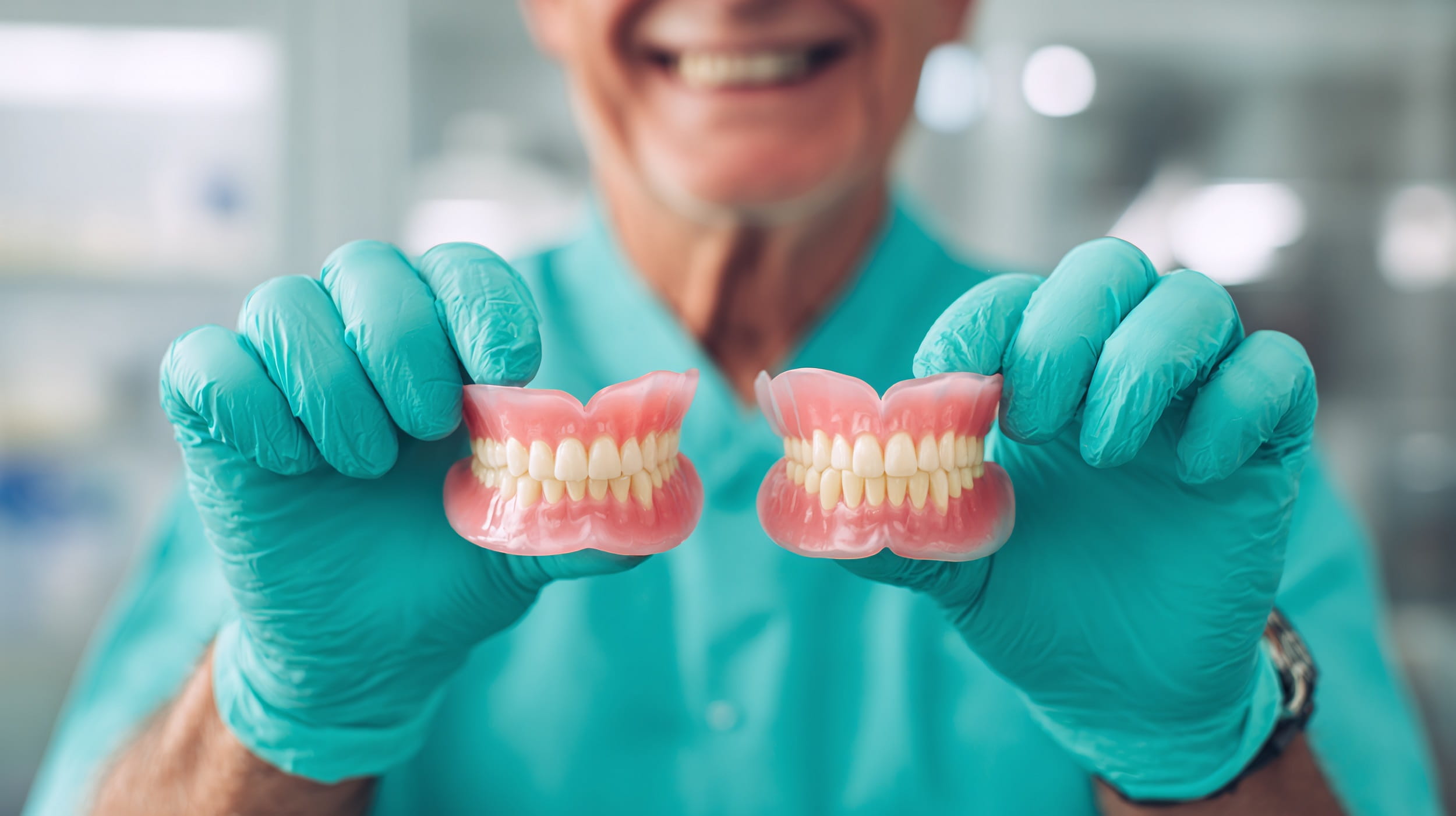 dentist with a bright smile holding dentures